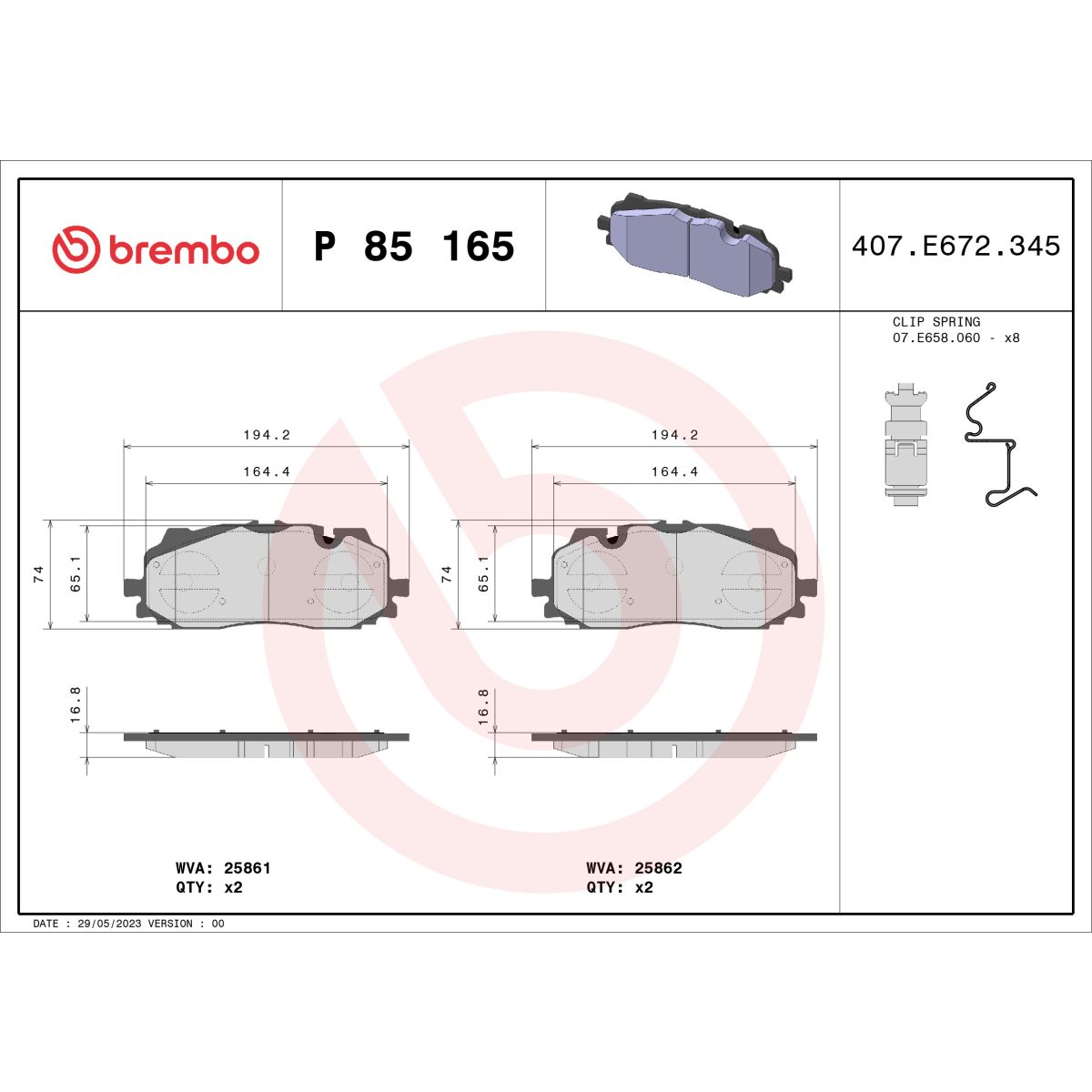 Jarrupalat, levyjarru BREMBO P 85 165