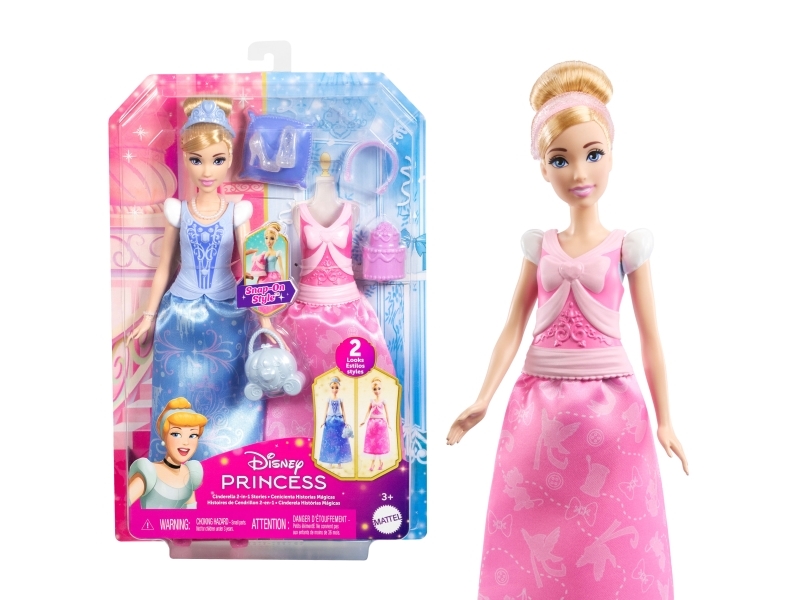 Disney Princess 2-in-1 Stories -Tuhkimo-nukke, 2 paikalleen napsautettavaa yläosaa, 2 hametta ja 9 tarviketta, Muotinukke, Naaras, 3 vuosi/vuosia, Poika/tyttö, 293 mm, 40 g