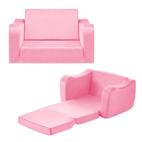 VEVOR 2-in-1 Kids Sofa, Foldable Toddler Soft Couch with Armrests, Made of 28D Sponge & Short Pile, Convertible Toddler Chair to Lounger, Kid Couch Fold Out for Fun Playtime or Comfy Lounging, M, Pink