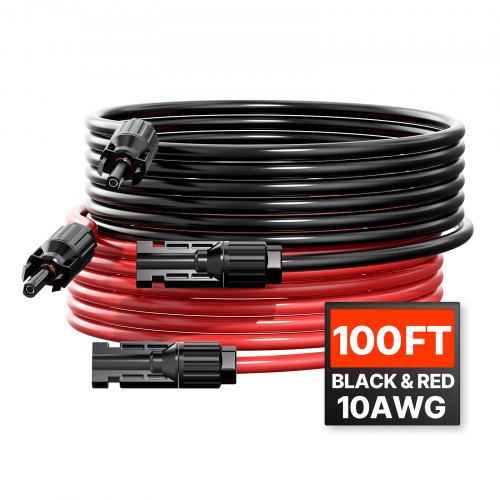 VEVOR 30.48m/100FT Solar Panel Extension Cable, 6mm2/10AWG Solar Extension Cable Wire with Female & Male Waterproof Connectors, 6mm2 PV Cable for Home, Ship and RV Solar Panels, 30.48m/100FT Black + 30.48m/100FT Red (Set of 2)