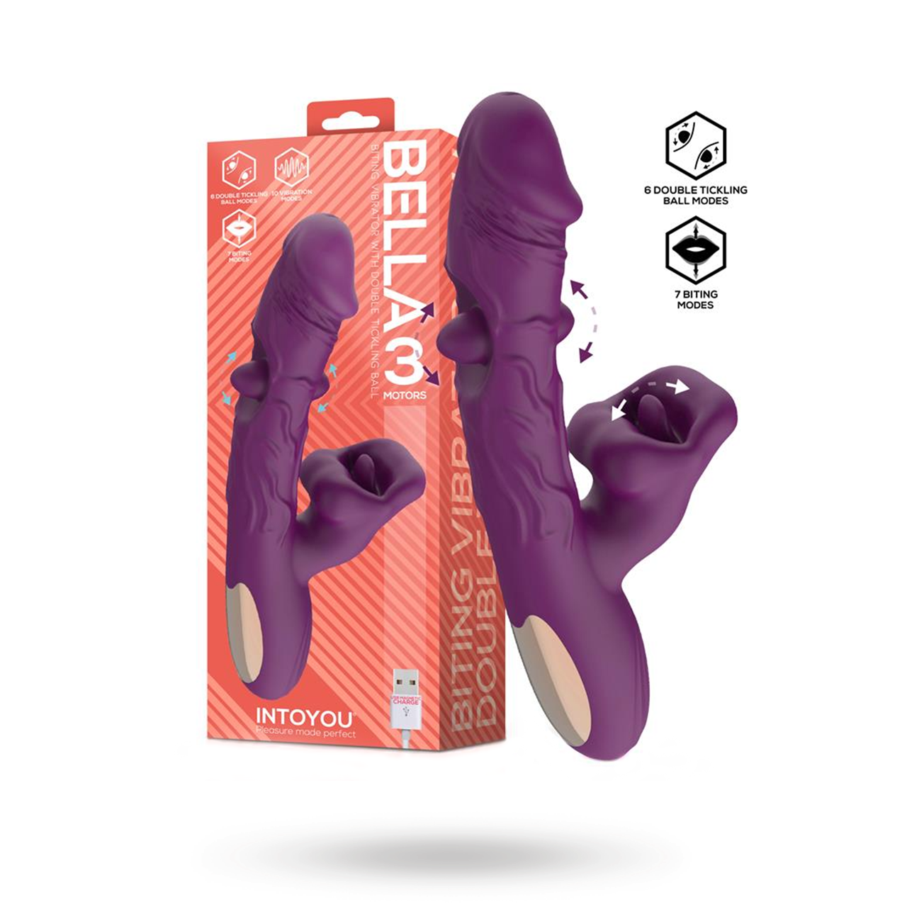 Bella 3 Motors Double Tickling Ball & Biting Rabbit-vibraattori pyörivällä kielellä