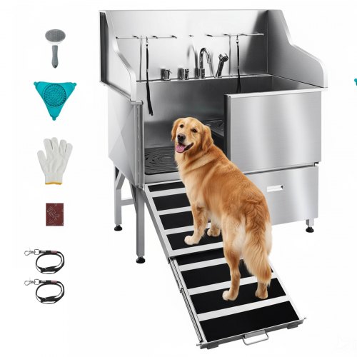 VEVOR 304 Stainless Steel Dog Washing Station, 127 cm Pet Grooming Tub with Non-Slip Low-Slope Ramp, Storage Drawer, Hot & Cold Faucet, All-in-One Bath for Grooming Shop, Fits All Sizes (Left Door)