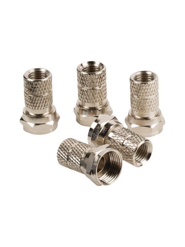 F-liitin | Suora | Uros | Niklattu | 75 Ohm | Kierrettävä | Kaapelin läpitulomitta: 5.5 mm | Sinkkiseos | Hopea | 5 kpl | Laatik