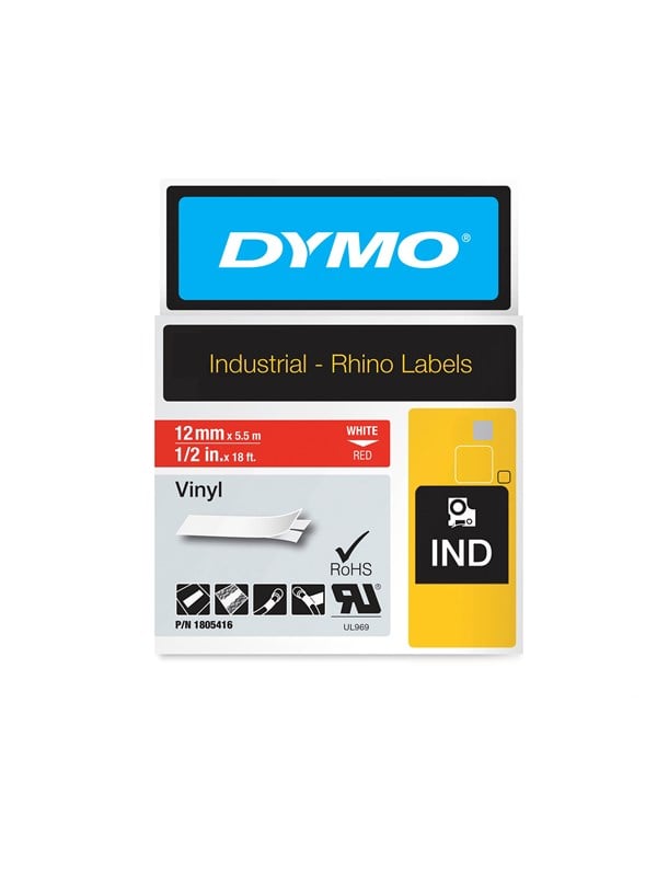 DYMO Rhino -vinyyliteipit, 12 mm x 5,5 m, valkoinen / punainen, itseliimautuva