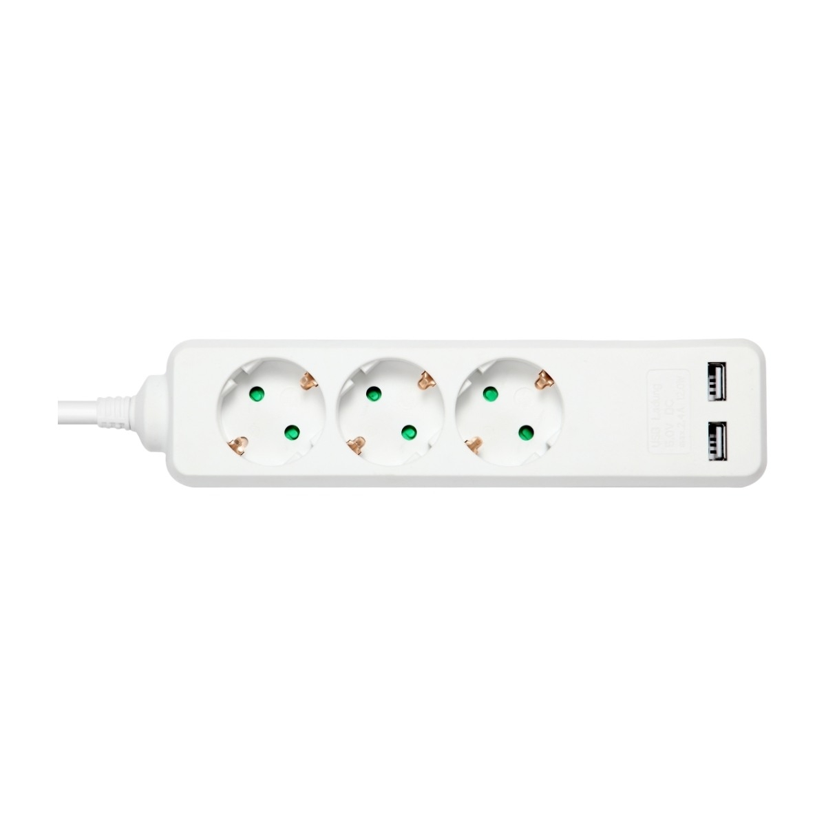 DELTACO GT-0310 – Monipistorasia – AC 250 V – 3680 wattia – tuloliitäntä: CEE 7/7 – lähtöliitännät: 5 (3 x CEE 7/3, 2 x USB) - 1,5 m johto - valkoinen