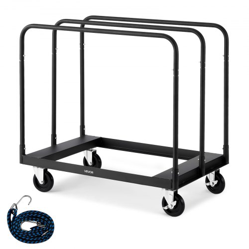 VEVOR Drywall Cart Dolly, 816 kg Load Capacity, Steel Panel Truck Cart with 12.5 mm Swivel Casters, Lumber Drywall Dolly with with Tie-Down Strap & 3 Side Handrails for Factory, Warehouse, Garage, Black