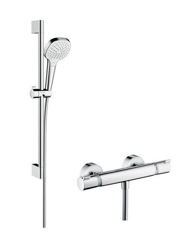 HansGrohe Croma Select E Suihkujärjestelmä vapaasti seisovaan Vario suihkuun, jossa on Ecostat Comfort -termostaatti ja 65 cm suihkukaide