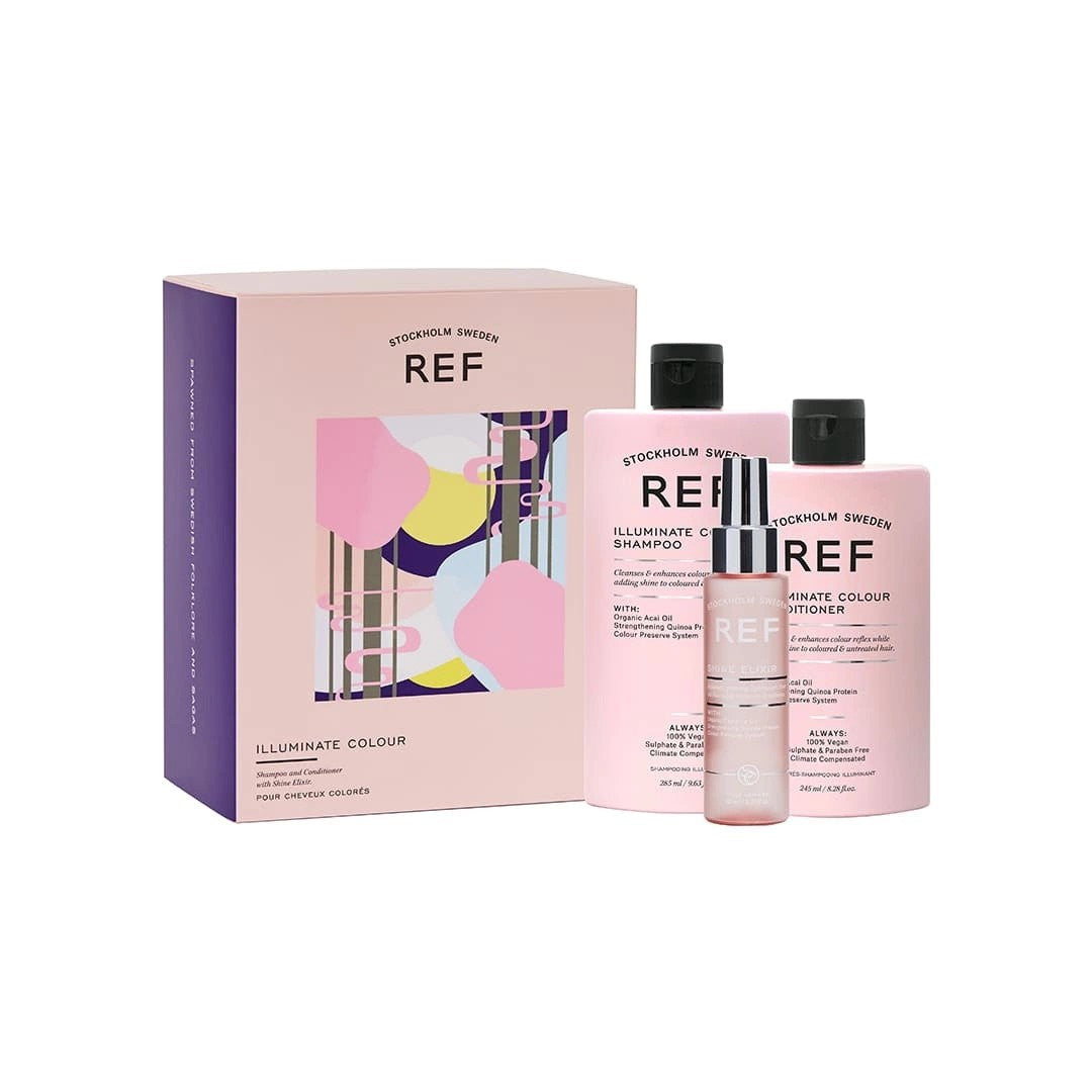Lahjasetti Ref Stockholm: Sulfaatiton valaiseva shampoo hiuksia vahvistavalle 285 ml + sulfaattiton valaiseva hoitoaine hiuksille ravitsee ja parantaa