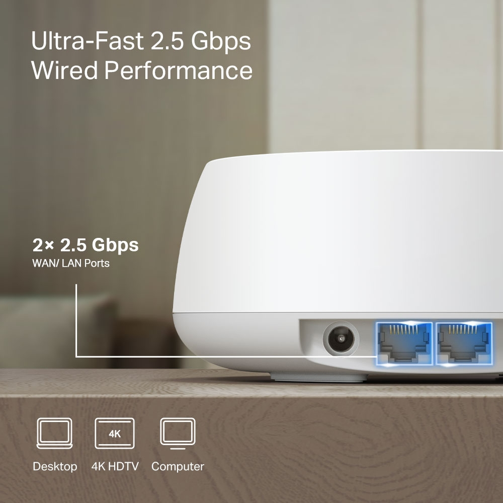 TP-Link Deco BE25 -mesh WiFi -järjestelmä, Wi-Fi 7, BE3600, Dual-band, 3 kpl, 2,5G WAN -portilla, valkoinen