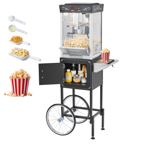 VEVOR Popcorn Machine with Cart, 0.2kg Stainless Steel Kettle, 800W Commercial Popcorn Maker, 48 Cups per Batch Theater Style Popper, with 2-Button Control Glass Wall PC Door 1 Scoop 3 Spoons, Black