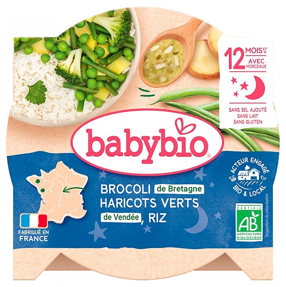 Babybio Illallinen annos - 12 kuukautta ja + - Parsakaali, Vihreät pavut, Riisi - LUOMU 230G