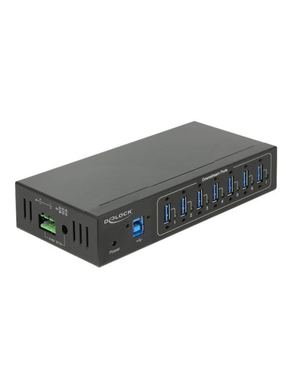 DeLock External Industry Hub 7 x USB 3.0 Type-A 15 kV ESD-suojalla - Hub - 7 x SuperSpeed USB 3.0 - seinään kiinnitettävä - DC-virtalähde