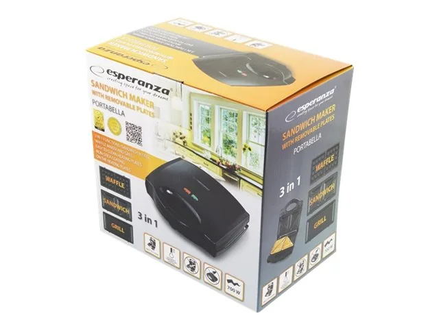 Esperanza PORTABELLA - Paahtoleivänpaahtokone / vohvelikone / grilli - 700 W - mustaa