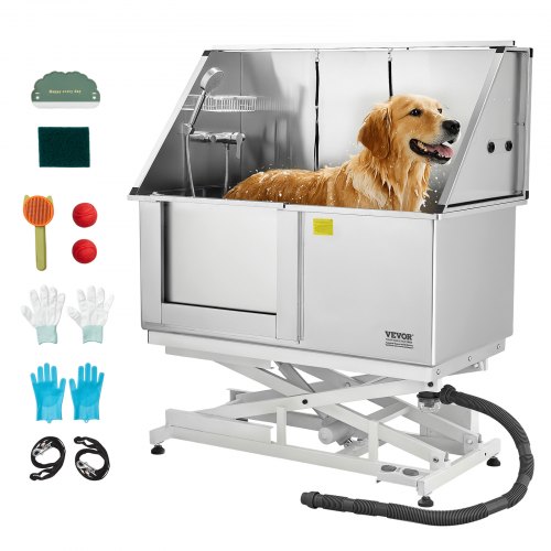VEVOR Electric Lift Dog Washing Station, 127 cm Professional Stainless Steel Pet Grooming Tub w/ PE Water Filter Board, Faucet & Showerhead Dog Bathtub Washing Sink for Multiple Pets (Left Door)