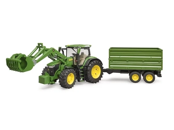 Bruder John Deere 7R 350 etukuormaajalla ja tandemakselilla varustettu kippiperävaunu.