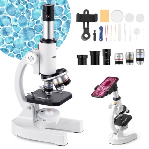 VEVOR Monocular Microscope for Adults, Professional Compound Microscope Kit, 40-2000X Magnification, Aluminum Alloy Body, Includes LED Light and Phone Holder, for Laboratory, School, Home, Education