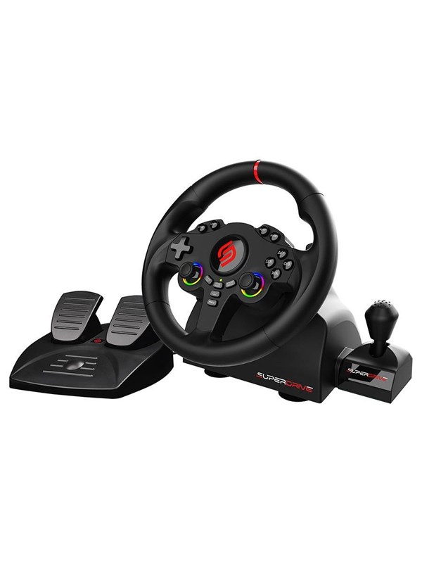 Subsonic Superdrive 220 RS-X, Ohjauspyörä + polkimet + vaihdekeppi, Nintendo Switch, Nintendo Switch 2, PC, PlayStation 4, Xbox One, Xbox Series S, Xbox Series X, D-pad, Kotipainike, Valikkopainike, Asetukset-painike, Jaa-painike, View button, Monivärinen, 180°, Langallinen
