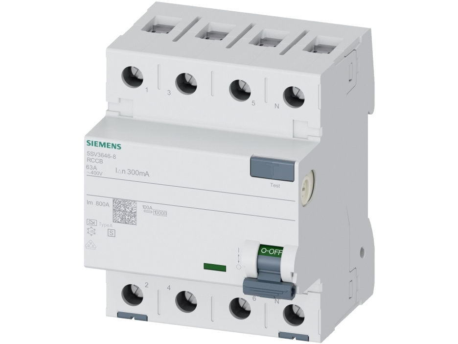 Siemens Rccb 4-polet Tyyppi A 63a 300 ma 400vac selektive