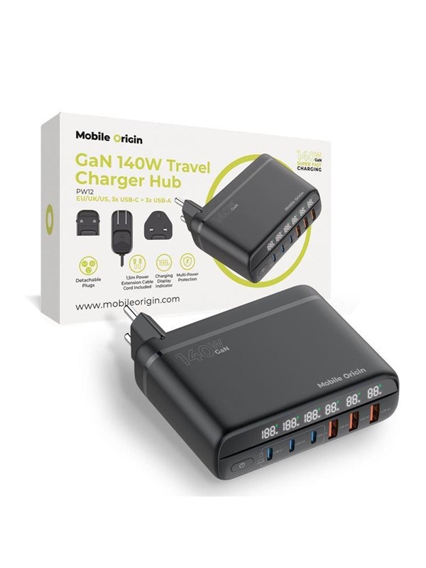 Mobile Origin GaN 140W Travel Charger Hub PW12 EU/UK/US, 3x USB-C + 3x USB-A