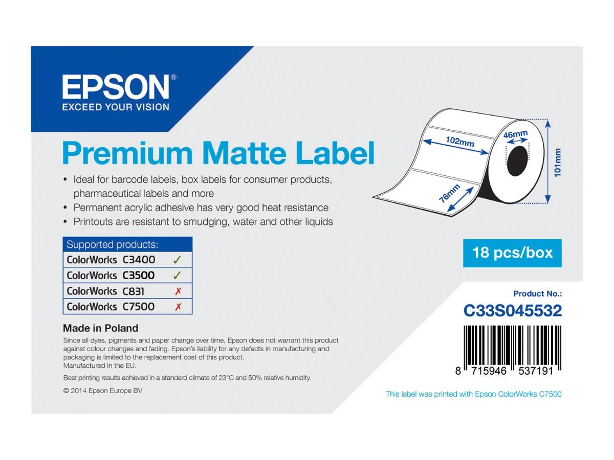 Epson Premium - Matta - 102 x 76 mm 440 tarraa (1 rulla (1 rulla) x 440) leikattu etiketti - Epson TM-C3400-LT ColorWorks CW-C4000E TM C3400, C3400BK, C3400E, C3400U, C3500