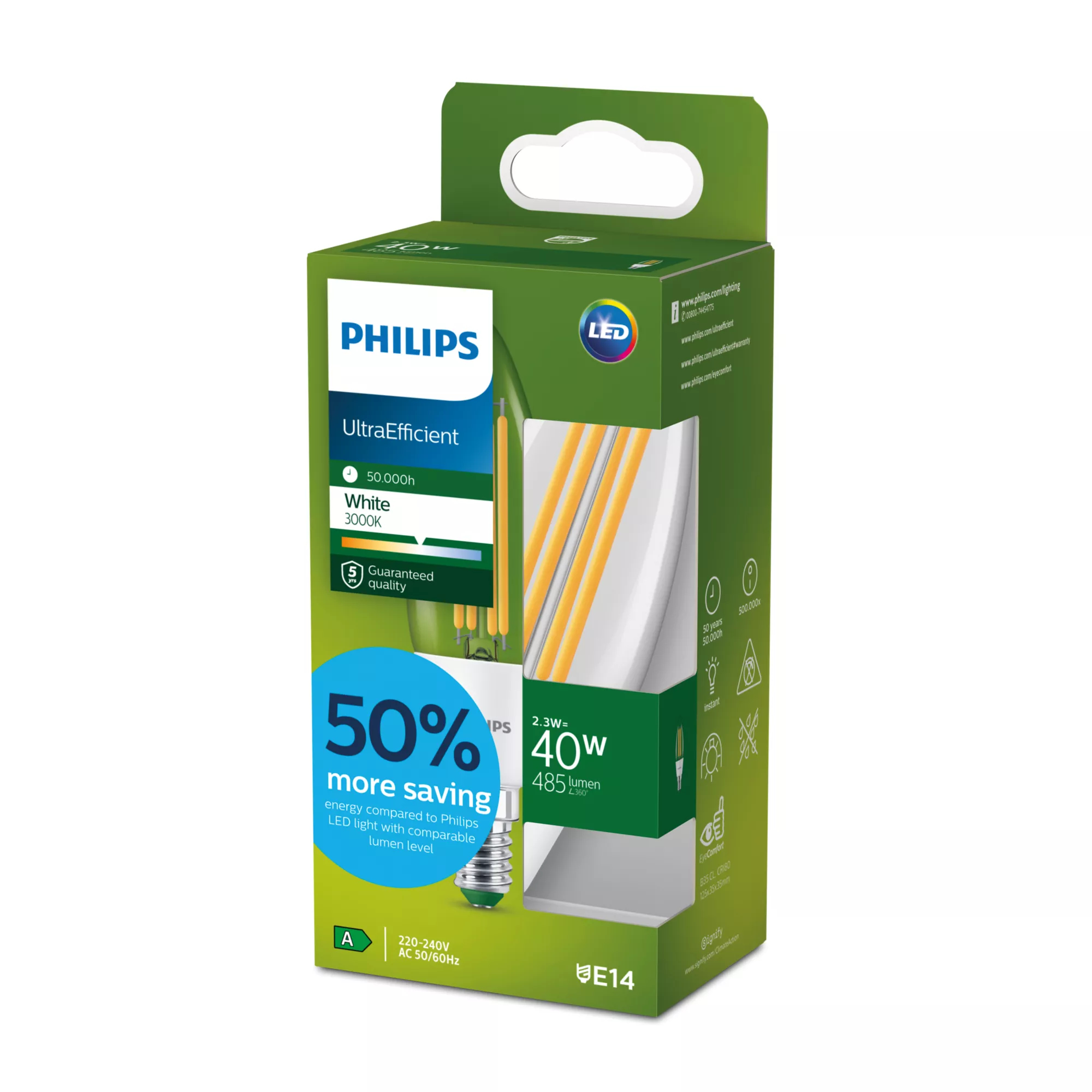 Philips LED E14 Kron 40W Klar 485lm Energiklass A