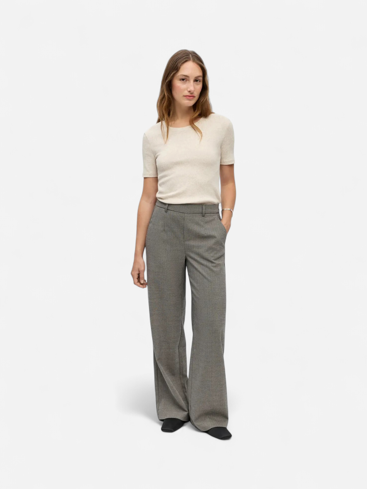 Object naisten housut ObjLisa Wide Pant, Grey Thin Beige