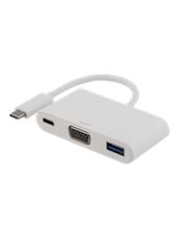 DELTACO sovitin USB-C - VGA ja USB Type A, USB-C naaras, 60W, valk.