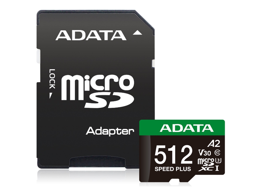 A-DATA Speed Plus 512 Gt MicroSDXC UHS-I U3 V30 A2 -muistikortti + SD-adapteri, musta, vihreä, valkoinen
