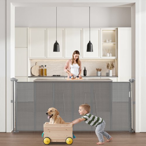 VEVOR Retractable Baby Gate, 870 mm Tall, Extends up to 1800 mm Wide, Retractable Gate for Kids or Pets, Mesh Material, Easy to Install for Indoor Stairs, Doorways, Hallways, Playrooms, Gray