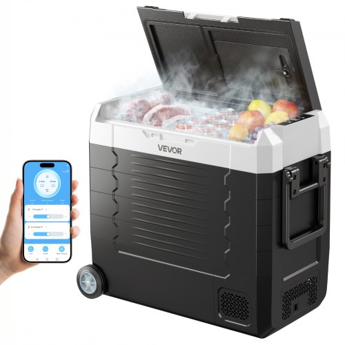 VEVOR Car Refrigerator, DC 12/24V AC100-240V Compressor Electric Cooler, -20°C to 20°C Truck Refrigerator with APP Control, Wheels & Dual Zone, 55L Cars Cooler for RVs, Boats, Camping, Fishing