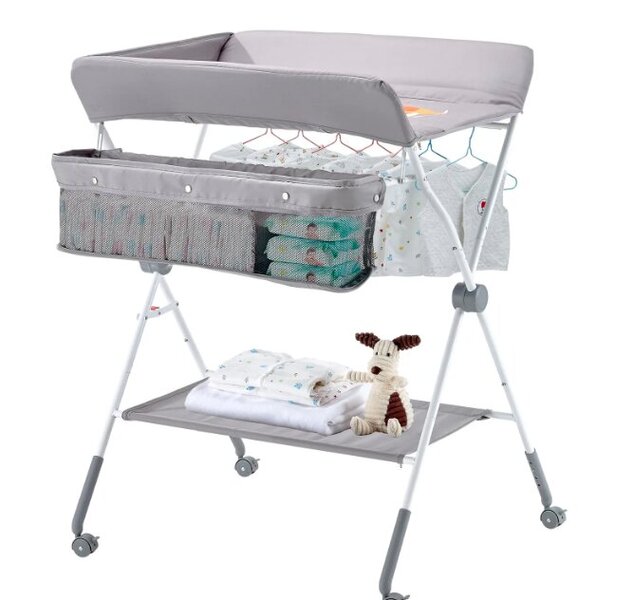 VEVOR Baby Changing Table, Foldable Diaper Change Station with Side Basket, Adjustable Height Portable Changing Table with Lockable Wheels, Multi-Functional Storage Organizer Nursery, Light Gray