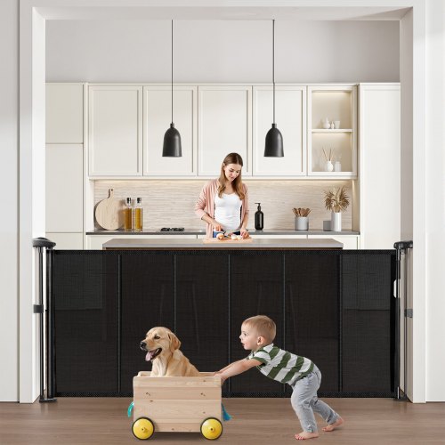 VEVOR Retractable Baby Gate, 870 mm Tall, Extends up to 1800 mm Wide, Retractable Gate for Kids or Pets, Mesh Material, Easy to Install for Indoor Stairs, Doorways, Hallways, Playrooms, Black