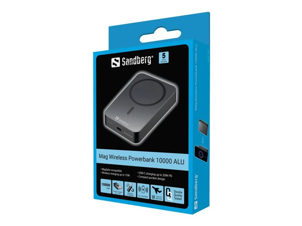 Sandberg Mag Wireless Powerbank 10000 ALU, 10000 mAh, Litium, Virransyöttö, Langaton lataus, Musta