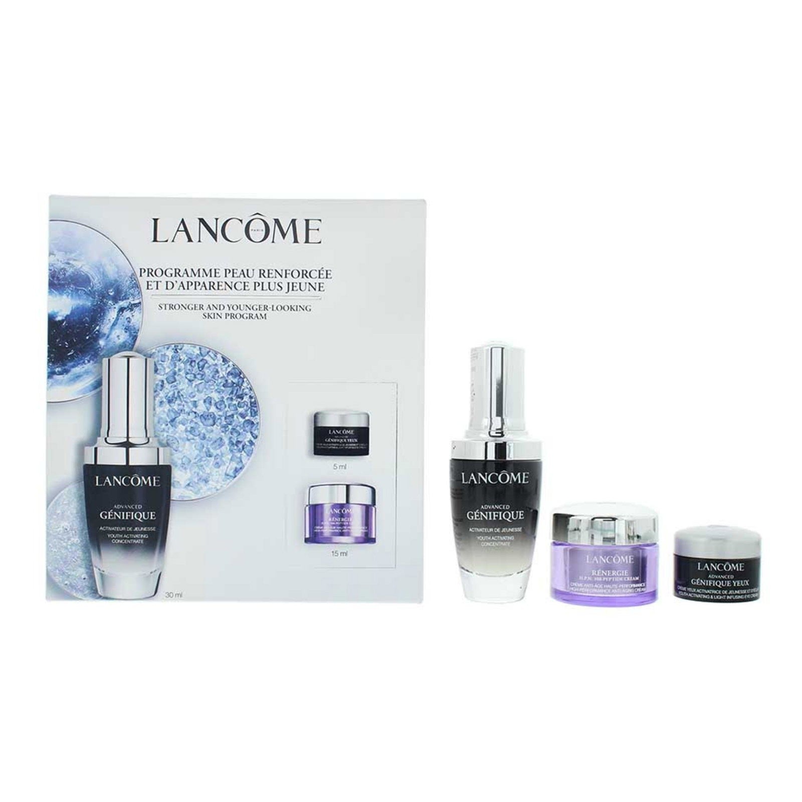 Lancôme-setti: anti-age-kasvoseerumi anti-età Advanced Genifique 30 ml + anti-age-kasvovoide anti-età Rénergie HPN 300-Peptide 15 ml + kosteuttava sil