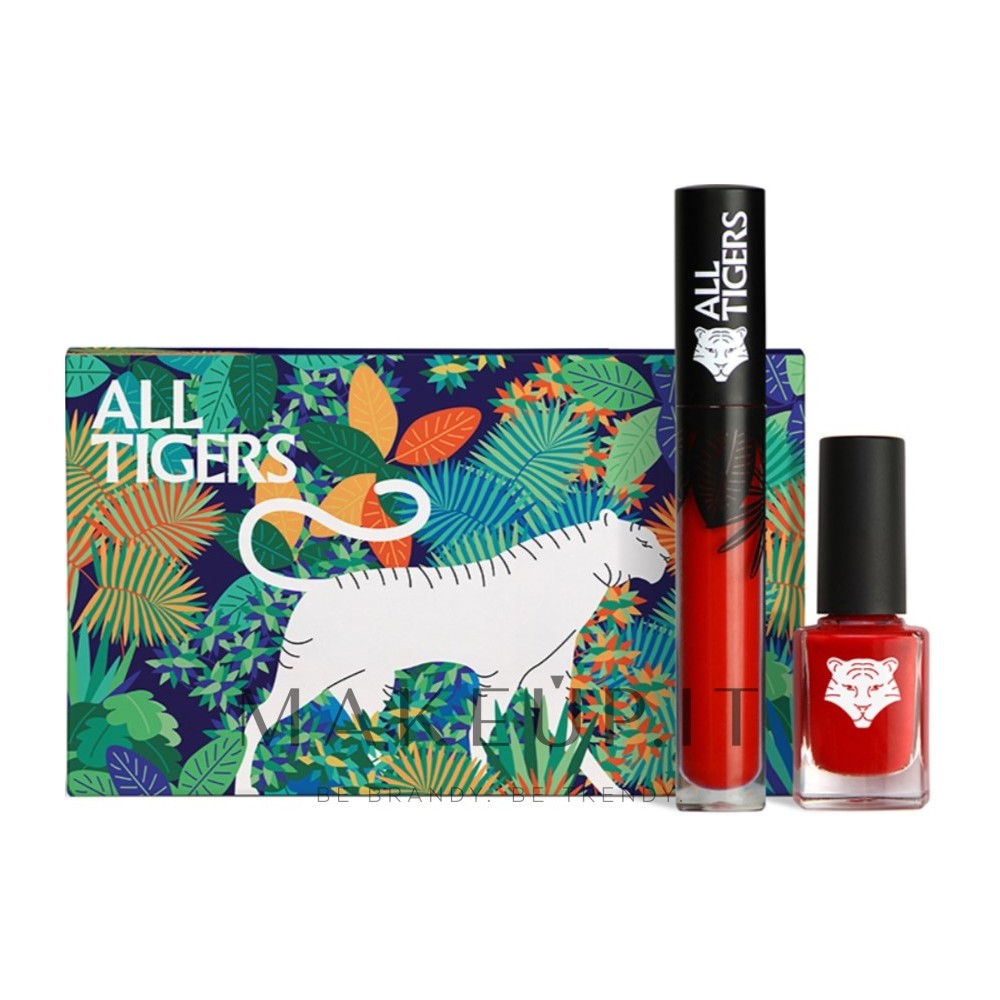 Sarja All Tigers: nestemäinen huulipuna naturale ja vegaaninen 888 Call Me Queen 8 ml + vegaaninen kynsilakka naturale ja vegaaninen 298 Hit It Big 11