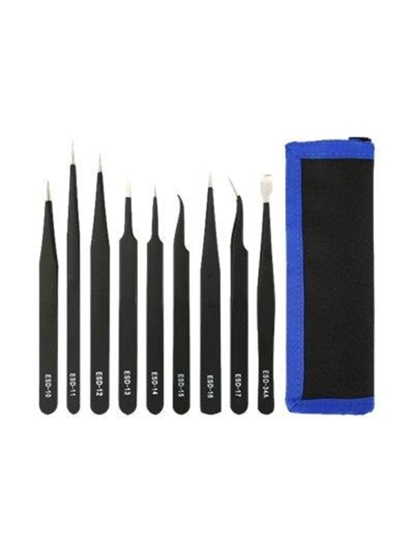 Tweezer kit, 9 pieces, ESD, black