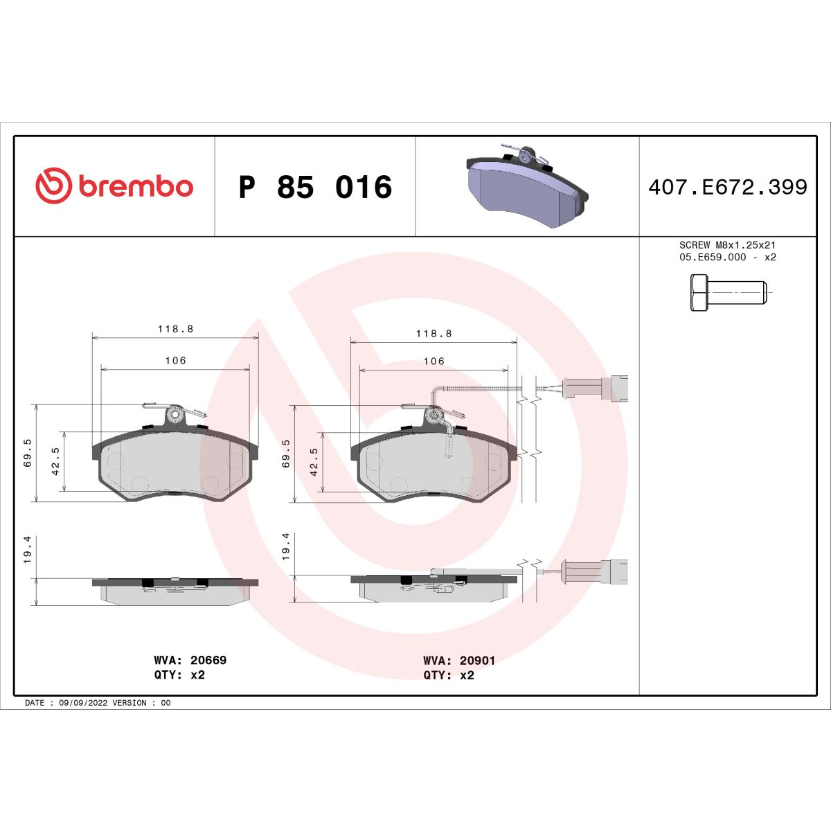 Jarrupalat, levyjarru BREMBO P 85 106