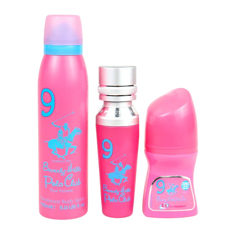Sarja Beverly Hills Polo Club: n. 9 Eau de Parfum naisille 50 ml + n. 9 naisten roll-on antiperspiranttideodorantti 50 ml + 1982 - Sport 9 virkistävä