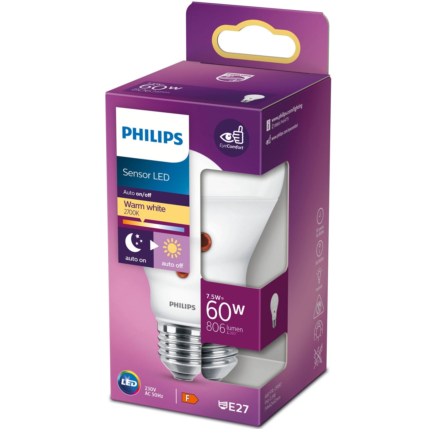 Philips LED-lamppu hämärätunnistimella A60 E27 7,5W (60W) 806lm 2700K Matta