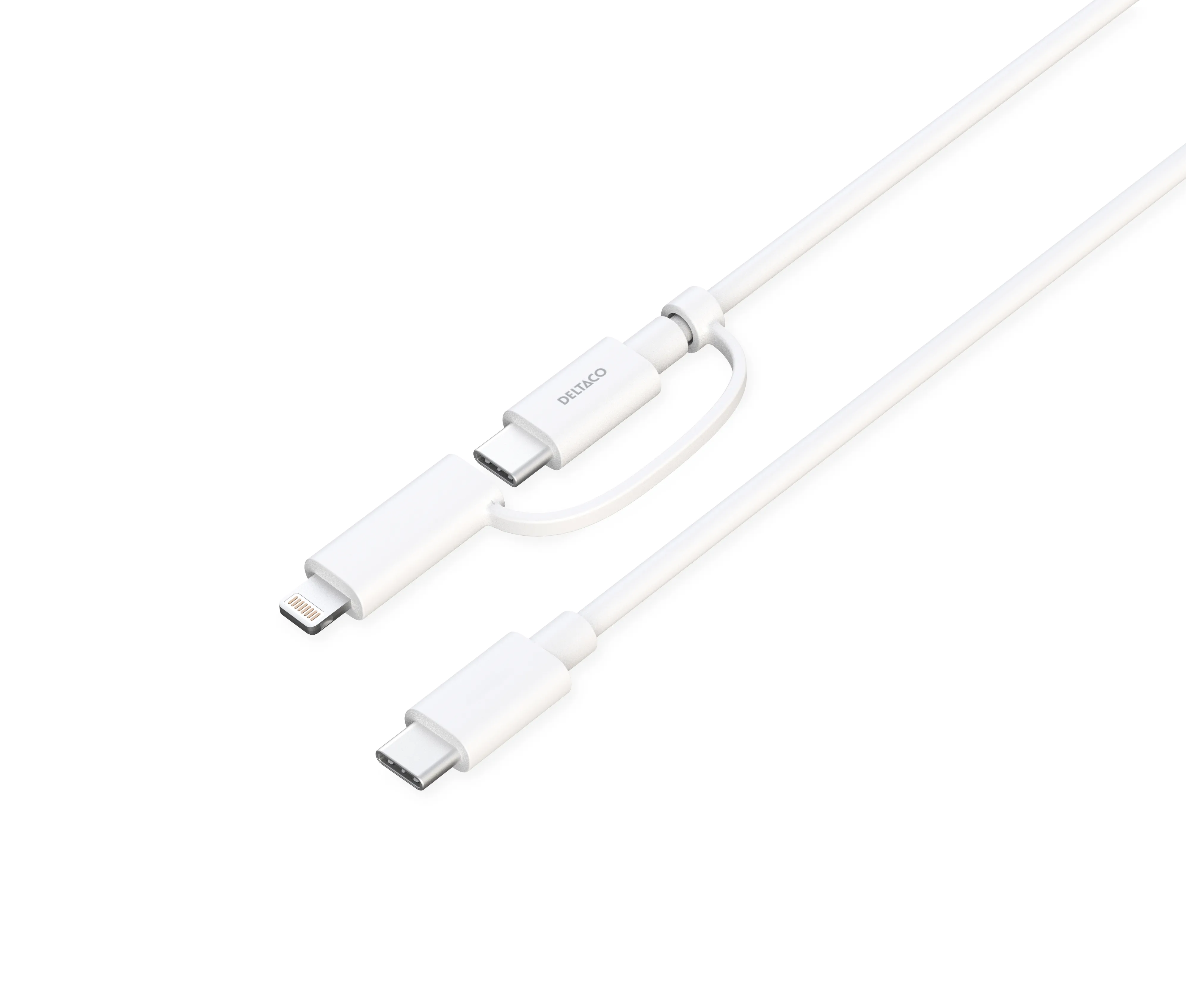 Deltaco USB-C - USB-C + Lightning adapteri, 2 in 1, 1m, valkoinen, 1 m, USB C, USB C/Lightning, Uros, Uros, Valkoinen