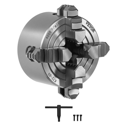 VEVOR 4-Jaw Lathe Chuck, 3 Inch (80 mm), 4-Jaw Independent Chuck, 0.1-3.15 in (5-80 mm) Clamping Range with T-key Fixing Screws Reversible Jaws, HT300 Material, Internal External for Wood Metal Lathe