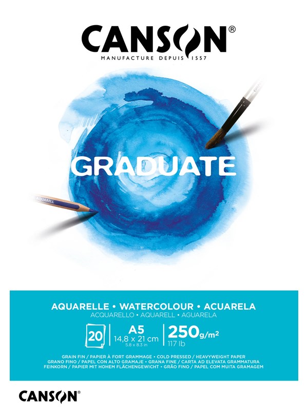 Vesiväripaperi A5-lohko 20 arkkia 250g, Canson Graduate