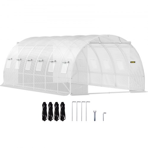 VEVOR Walk-in Tunnel Greenhouse, 609.6 x 304.8 x 213.4 cm Portable Plant Hot House w/ Galvanized Steel Hoops, 3 Top Beams, 4 Diagonal Poles, 2 Zippered Doors & 12 Roll-up Windows, White