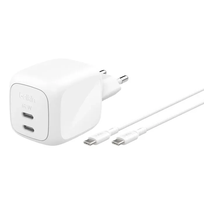 Belkin BoostCharge Pro 2-Port USB-C GaN 67 Watt - Seinälaturi, valkoinen
