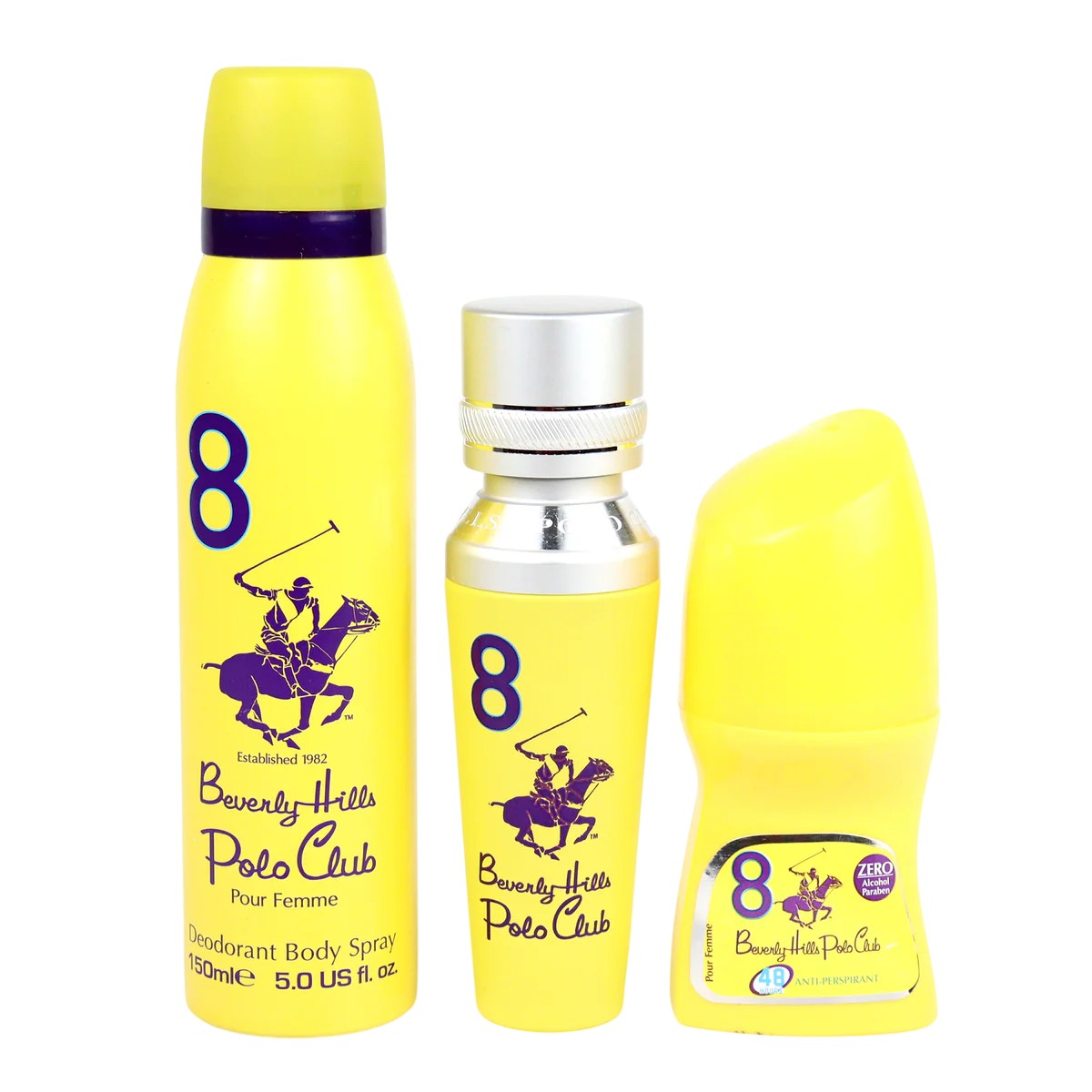 Sarja Beverly Hills Polo Club: 1982 - Sport 8 Eau de Parfum naisille 50 ml + 1982 - Sport 8 Refreshing Body Spray 150 ml + N°8 Roll-on Antiperspirant