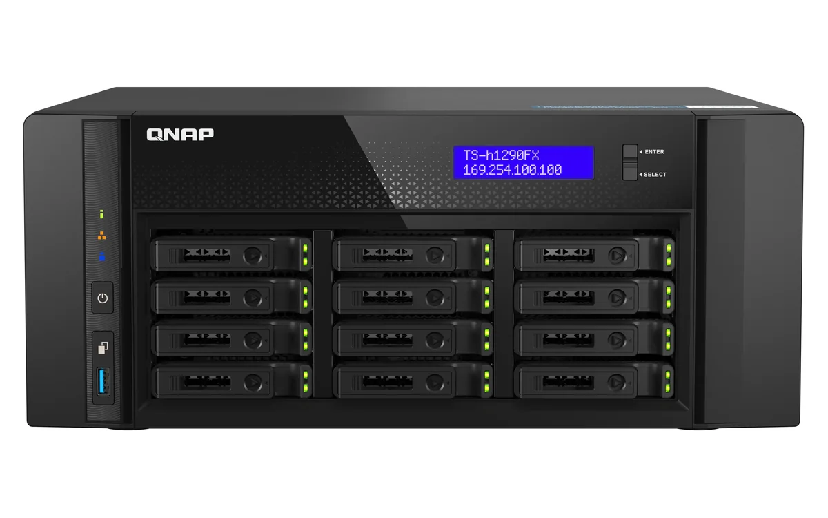QNAP TS-H1290FX-7232P-64G - 12-paikkainen all-flash-verkkotallennuspalvelin, musta