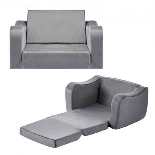 VEVOR 2-in-1 Kids Sofa, Foldable Toddler Soft Couch with Armrests, Made of 28D Sponge & Short Pile, Convertible Toddler Chair to Lounger, Kid Couch Fold Out for Fun Playtime or Comfy Lounging, M, Gray