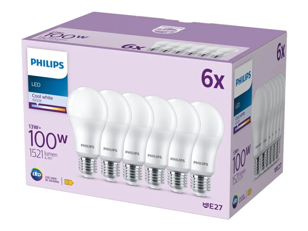 Philips Lamppu 100W A67 E27 x6, 13 W, 100 W, E27, 1521 lm, 15000 h, Viileä valkoinen