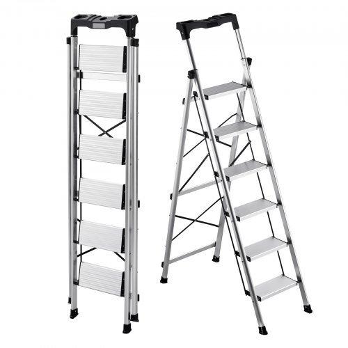 VEVOR 6 Step Ladder, Folding Step Stool with Wide Anti-Slip Pedal and Comfort Handgrip, 150 kg Capacity Portable Aluminum Stepladder, Multi-Use for Kitchen, Warehouse, Household and Office, Silver