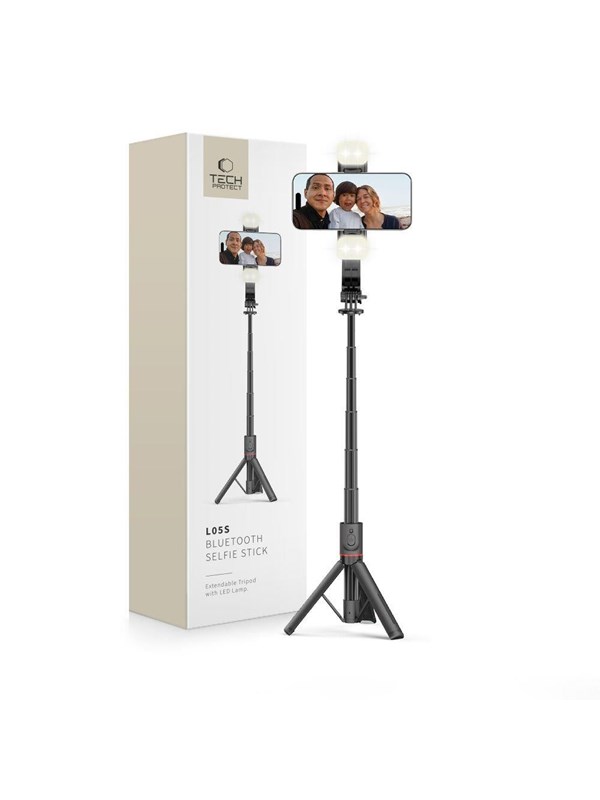 Tech-Protect L05S Bluetooth Selfie Stick with Tripod up to 105cm with LED Lamp - Black